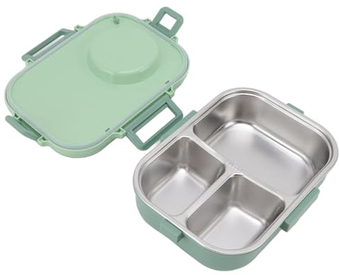 Akozon Thermal Lunch Box, Leak Proof Bento Lunch Box, 1100ml Double Layer 3 Grid Design Meal Prep Containers 304 Stainless Steel Bento Box with Chopsticks Spoon Soup Bowl (Green)