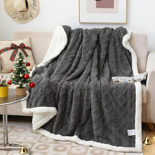QOFLY Filt, soffa, gosig filt, grå – 150 x 200 cm, varm sherpa, sofföverkast, tjock sofffilt, XL, fluffig filt för soffa, vinterfilt