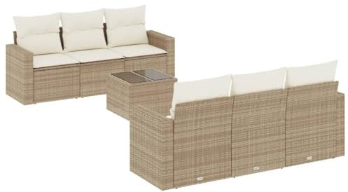 vidaXL Garten Sofa Garnitur 7-TLG., Gartenmöbel Set mit Kissen, Sitzgruppe für Garten Terrasse, Modular Gartensofa Lounge, Tisch mit Glasplatte, Beige Poly Rattan