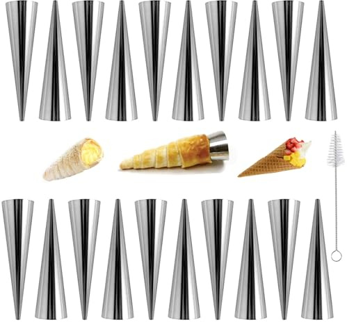 20Pcs Large Conical Cream Horn Molds, Non-stick Cream Horn Molds Stainless Steel, 5 inch Large Size Cannoli Tubes Kit Pack of Baking Cones Pastry Roll Horn Croissant Mold With brush