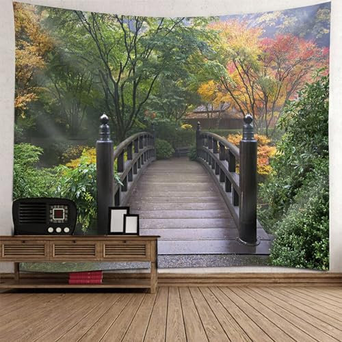 Mesnt Tapisserie Natur, Natürliche Landschaft mit Brücke und grünem Baum Wandteppiche für Wohnzimmer Schlafzimmer, Wohnkultur, 350x256cm