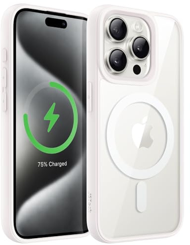 JETech Cover Magnetica per iPhone 15 Pro Max 6,7 Pollici Compatibile con MagSafe, Cellulare Paraurti Custodia, Solida Colore Opaco TPU Telaio, Anti-Graffio Retro Trasparente (Titanio Bianco)