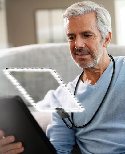SoulQool 5X Hands-Free Magnifying Glass with 50 LED Lights, Full Page Magnifier with Flexible Gooseneck, 6.7 x 9.5 Neck Wearing Large Page Magnifier for Seniors Low Vision Reading, Repairing, Sewing