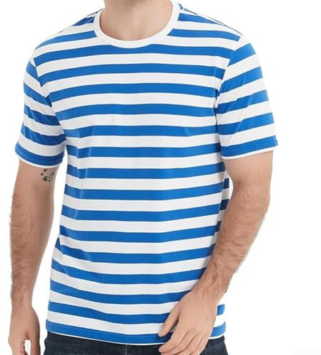 Camiseta de marinero a rayas de ajuste holgado para hombre, camiseta casual de verano con cuello redondo y mangas cortas (2XL azul)