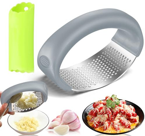 Spremiaglio in acciaio inox, Spremiaglio bilanciere in acciaio inox 2024 Nuovo spremiaglio, Garlic Press con pelapatate aglio in silicone Utilizzato per aglio tritato