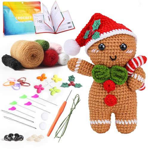 CESHMD Häkelset für Anfänger, Lebkuchenmann Häkelnadel Set, Weihnachts Häkelset mit Häkelnadeln Garn und Video, Kreativ Strickset Bastelset Erwachsene Kinder Geschenk Weihnachts