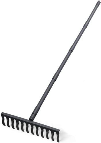 Bow Rake for Soil Leveling 60 Inch Heavy Duty Garden Tool with 12 Tines Adjustable Long Handle Thatch Rake for Gardening Loosening Soil Leveling Mulch Gathering Leaves, Black