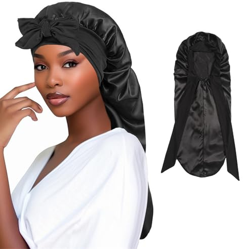 Mtbricey Satin Haarhaube Extra Lange Seiden Schlafhauben für Damen Verstellbar Satin Schlafmütze mit Elastisches Band Seiden Haarhaube zum Schlafen Haarhaube für Langes Lockiges Haar Zopf