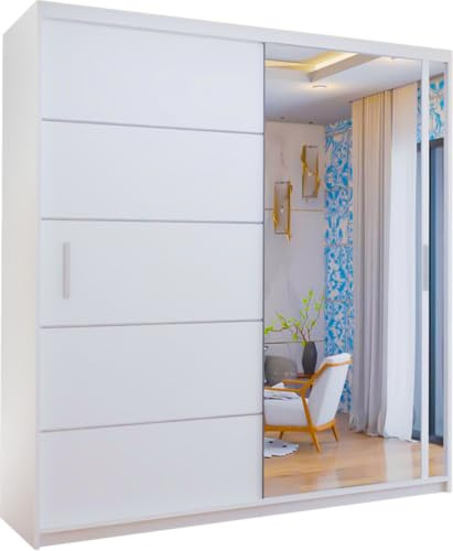 FURNITUREWAVE Vista Double Sliding Door Mirror cupboard, 2 Door cabinet with Hanging Rails & Adjustable Shelves, Space Saving Wardrobe for Bedroom (White, 150cm)