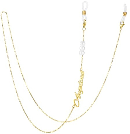 MeMeDIY Personalisierte Brillenkette mit Namen Individuelle Sonnen Brillenkette für Damen mit Perle und Geburtsstein Stilvolles Brillenband aus Edelstahl