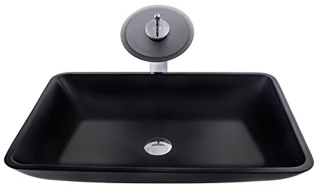 Fregadero de baño de vidrio templado negro mate, instalación de encimera, recipiente rectangular de baño, lavabo artístico con grifo de cascada de latón, drenaje emergente,