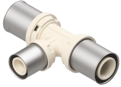 SOMATHERM FOR YOU, Raccordo té ridotto multistrato PPSU a pressare, resistente a 134°C, con finestra di controllo e triplo anello torico, Ø20-16-20 mm, EN 21003