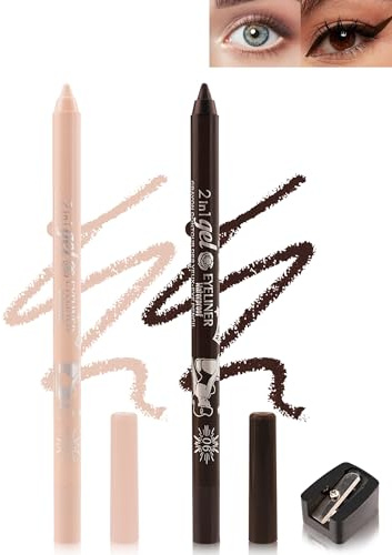 2Pcs Gel Eyeliner Wasserfest, Nackt Braun Kajalstift Creme Matt Wischfest | Langanhaltend Eyelinerstift mit Anspitzer, Hochpigmentiert, Leicht Aufzutragen, Hypoallergen Makeup für Empfindliche Augen