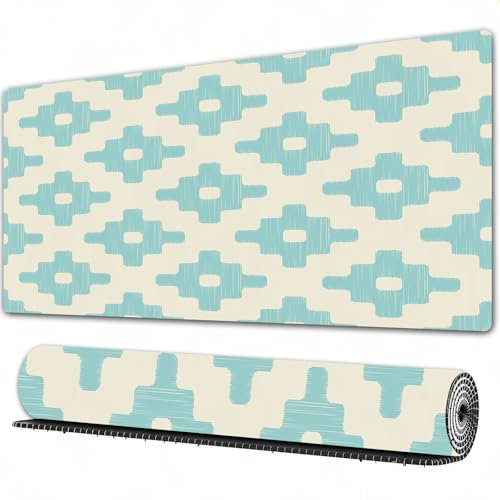 FEHWI 90×40 cm Verlängertes großes Mauspad Schreibtischauflage,Türkis und Beige, Kritzelmuster mit geometrischen und abstrakten Motiven in,genähte Kanten Gaming mauspads,rutschfeste Gummibasis