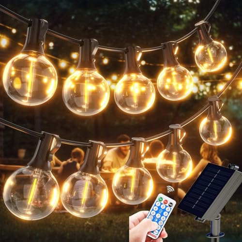FIBRAVE G40 Solar String Lights Outdoor with Remote 60 FT, USB &Solar Dual Charging, Waterproof, 8 Modes 3 Timers, LED Shatterproof Bulbs Light for Camping Backyard Bistro Porch Garden