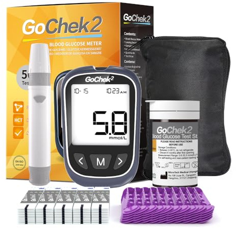 MicroTech Blood Sugar Monitor Kit 50 Strips & Lancets, No Coding, 500 Memroy Storage, Ketone and Hypo Warning, Wider HCT for Family (mmol)
