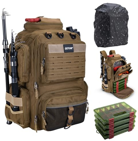 Goture Angelrucksack mit 4 Köderbox Angeln, 45-Liter Angelzubehör-Rucksack mit Zwei Rutenhaltern und Regenschutz, 900D Oxford-Gewebe Wasserabweisende Angelgerätetasche mit verstellbarem Fach