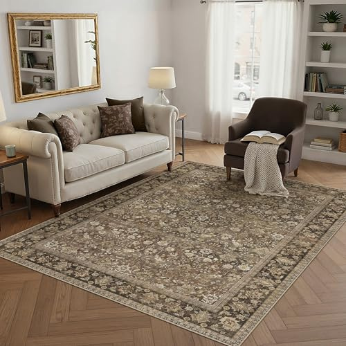 PureCozy Large Area Rug Living Room 160x230cm, brown Vintage Soft Washable Rugs with Non-Slip Backing, Machine Washable, Lightweight Low-Pile Carpet for Kitchen, Office, Dining Room