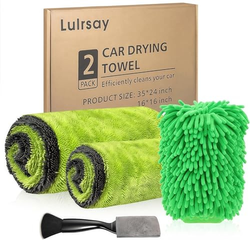 2 Stück Mikrofaser-Handtücher Auto 1200 GSM, (90x60cm & 40x40cm) , ultra-saugfähig & lackschonend – Trockentuch Auto für Autopflege, ohne Streifen, effizient zum Trocknen nach Autowäsche，grau-grün