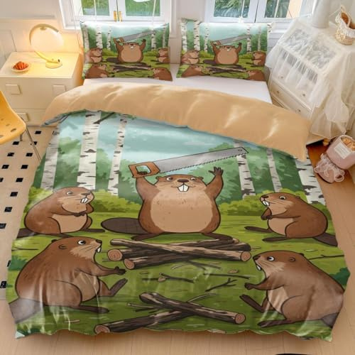 Funny Cartoon Beaver Print Duvet Cover Set - Microfiber Kids Bedding (1,Queen 90x90in + 20x30in)