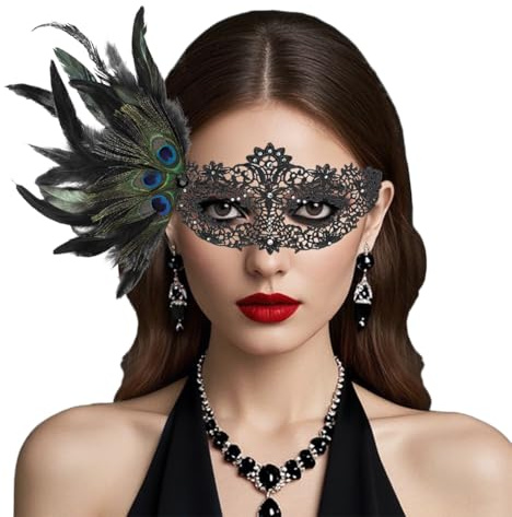 TCNGKIJIUK Masque de Mascarade Femme Masque de Bal en Dentelle avec Plumes Demi-masque Vénitien à Plumes avec Strass Accessoires de Déguisement pour Halloween Fête Carnaval Cocktail Cosplay Soirée