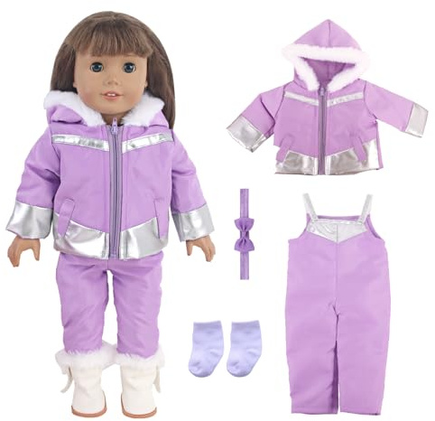 Baby Kleidung für 14-18 Zoll Baby Puppen, Lila Silber Puppenzubehör mit Daunenjacke mit Kapuze Daunenoveralls Schleifenkopfschmuck Socke, Puppenkleidung für 30-45cm Puppen Mädchen Ostern Geburtstag