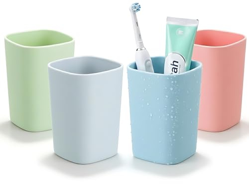 4PCS Bathroom Tumbler Toothbrush Cup, Unbreakable Reusable Drinking Cups, Plastic Mouthwash Cup Toothbrush Holders 330ml (Blue, Grey, Green, Pink)