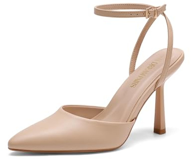 DREAM PAIRS High Heels for Women Closed Pointed Toe Dress Shoes for Women Ankle Strap Stiletto Heel Party Wedding Sexy Pump Shoes,Size 8,Nude-Pu,SDPU2496W
