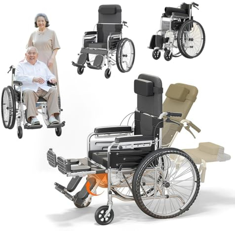 ZQHQKJ Pflegerollstuhl mit Liegefunktion, Ultraleicht Reiserollstuhl, Klappbar Transportrollstühle für Behinderte and ältere, Belastbarkeit 150 kg, Sitzbreite 42 cm