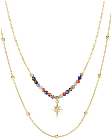 GEHECRST 7 Chakra Kette Damen Kette Edelstein Heilstein Perlenkette mit Sterne Anhänger Perlen Halskette Amulett Glücksbringer Schmuck für Damen Herren