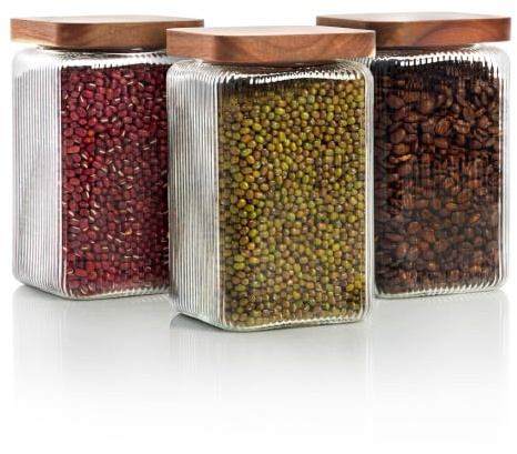 Mason & Fable Ribbed Glass Square Jar with Wooden Lid 1350ml-Set of 3| Airtight Fluted Storage Canister for Food, Pasta, Coffee, Sugar | Container for Home & Kitchen (45 Fl.oz/1350ml-3x)