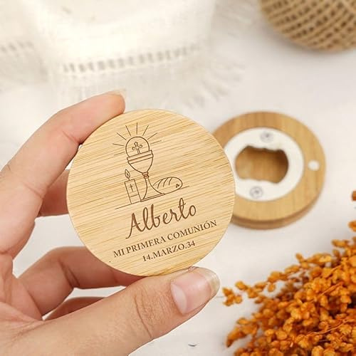 Pack 25 Abridores de Bambú Magnéticos con Mensaje | Abrebotellas para Regalo de Comunión, Bautizo, Boda | Detalle personalizado para Invitados | Bodapix