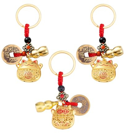 SUPERFINDINGS 3Pcs Porte Clés Chat Maneki Neko Portes Bonheur Avec Pièces De Feng Shui Et Charme Hulu Portes Bonheurs Fengshui Fortune Chat Chanceux Kitty Chaînes De Clés En Alliage Doré 10cm