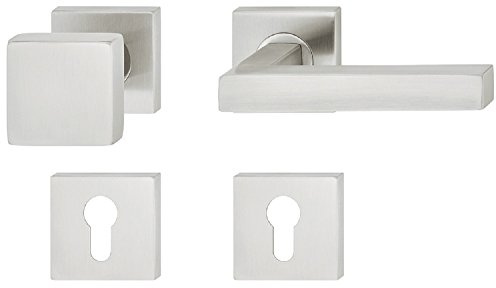 JUVA Design Drückergarnitur Edelstahl | 1 Stück Türbeschlag eckig Türgriff auf Rosette für Zimmertüren - LDH 2166 | Wechselgarnitur links | Edelstahl matt gebürstet | Türdrücker-Garnitur mit Knopf