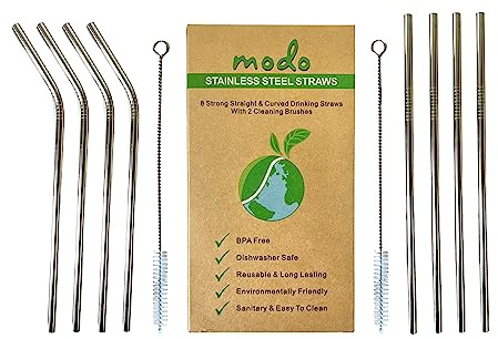 Modo Stainless Steel Straw, Eco Friendly Reusable Metal Drinking Straws with 2 Cleaning Brushes (8 Pack - 4 Straight - 4 Curved) (Silver)