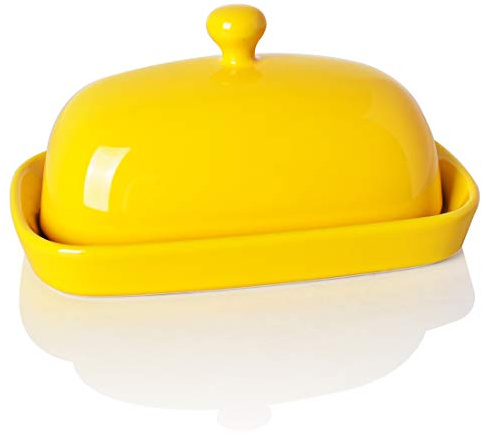 Sweejar Ceramic Butter Dish with Lid for Countertop,Porcelain Butter Keeper with Knob Handle,Butter Container for East/West Coast Butter, 7 inches (Yellow)