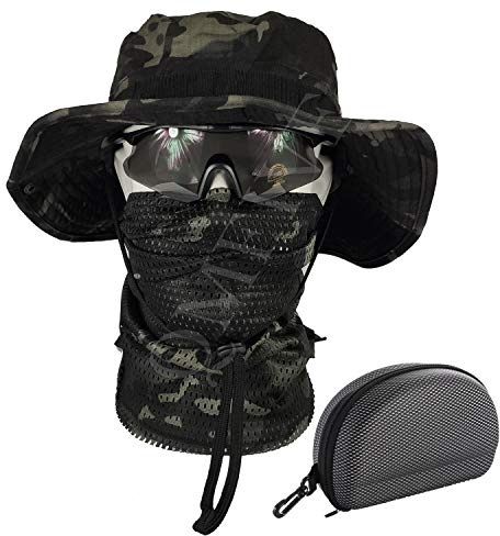 QMFIVE Lunette Airsoft Echarpe Militaire Casquette Militaire Tactique Airsoft Accessoires Boonie Seau Chapeau Large Bord Soleil Chapeaux pour la Pêche Militaire Extérieure Camping Chasse Airsoft (BC)