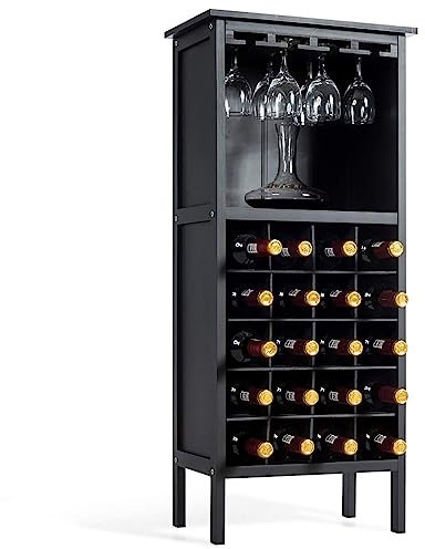 COSTWAY Weinschrank für 20 Flaschen, Weinregal Holz mit Glashalter, Flaschenregal, Flaschenständer, Weinständer für Küche, Bar, 42 x 24,5 x 96 cm (Schwarz)