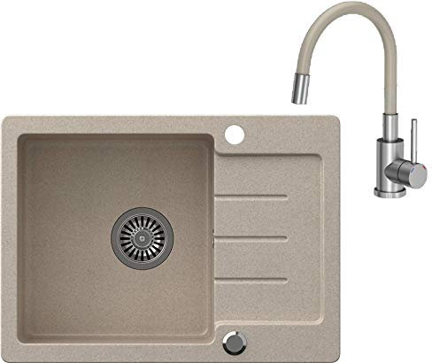 VBChome Lavello da Incasso in Granito Beige 60 x 44 cm – Lavello Singolo Reversibile con Sifone, Superficie Puntiforme, Resistente ai Graffi e al Calore, per Base da 45 cm