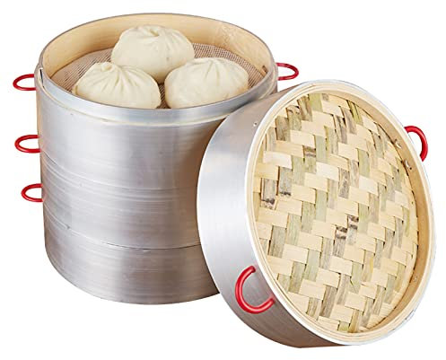 Bamboo Steamer with Anti-scalding Handle, 2-Tiers with LidChinese Food Steamers with Aluminum Edge, Healthy Cooking for Dumplings, Vegetables, Chicken, Fish - Handmade Steam Basket,28cm