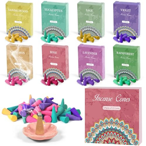 Räucherkegel 120st, Gemischte Düfte Räucherkerze mit 1 Räucherstäbchenhalter, Rose, Salbei, Lavendel, Veilchen, Zimt, Eukalyptus, Eukalyptus, Regenwald, für Aromatherapie Luftreinigung