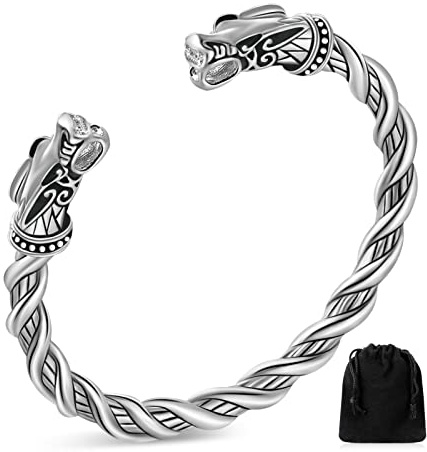 BBTO Viking Bracelet for Men Viking Double Dragon Head Bracelet Adjustable Norse Arm Rings with Velvet Pouch Dragon Head Twisted Bangle Wristband Jewellery