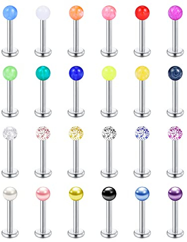 LAURITAMI 24pcs Piercing Labio Labret Pernos 8mm 16G Acero Quirurgico Helix Tragus Cartílago Piercing Joyas