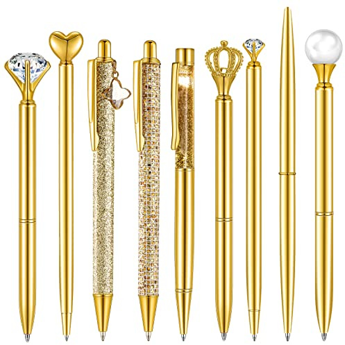 Janmini 9 Pcs Ballpoint Pens Set Metal Crystal Diamond Glitter Pens for Journaling Black Ink Pretty Cute Things Fancy Stationery Gifts for Women Girls Birthday Home Office Desk(Gold)