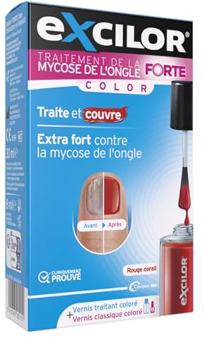 EXCILOR - Forte Color - Traitement de la Mycose De l’Ongle - Traite & Couvre - Traitement 30ml + Vernis à Ongle cosmétique 8ml - Cliniquement Prouvé* - Rouge Corail