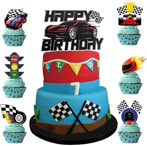 Cake Topper Racing Car Theme Happy Birthday Cake Toppers 7Pcs Race Car Cake Toppers for Boys Glitter Traffic Light Wheel Trophy Flag Helmet Racing Car Cupcake Picks Glitter Car Birthday Cake Topper