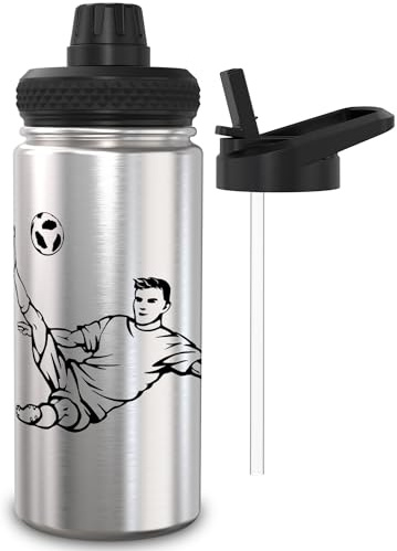 TAKWAY Isolierte Trinkflasche Kinder Edelstahl 0,5L mit 2 Aufsätzen - Auslaufsichere Edelstahl Trinkflasche mit Strohhalm 500ml - BPA frei - Schule, Sport (Fußball)