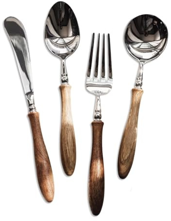 BKEKM Set di Posate Set di Posate 4/6 Pezzi Coltello Forchetta Cucchiaio con Manico in Legno Set da tavola Forchette da tavola in Acciaio Inossidabile Cucchiai da Tavolo da Cucina più Sicuro