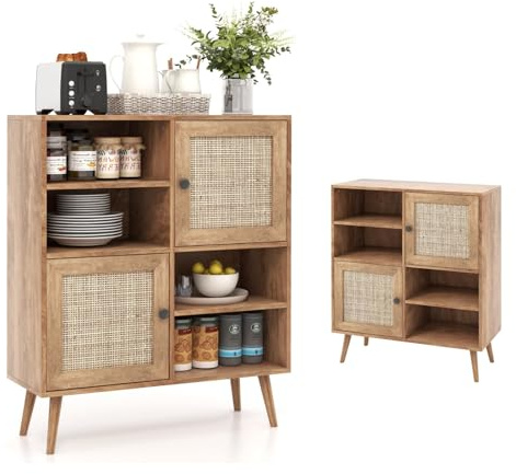 KOMFOTTEU Sideboard Anrichte mit Türen aus Rattan, Buffet Beistellschrank Holz, Kommode Aufbewahrungsschrank mit offene Ablage, Küchenschrank Standschrank 80x29,5x97 cm