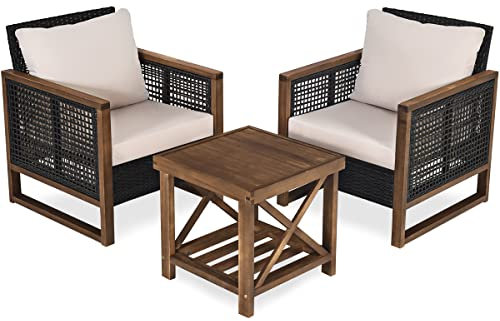 GYMAX Juego de Muebles de Jardín de 3 Piezas, Muebles de Ratán, Incluye 1 Mesa Auxiliar y 2 Sillones, Grupo de Asientos de Polirratán, Silla de Ratán con Cómodos Cojines y Cojines de Asiento